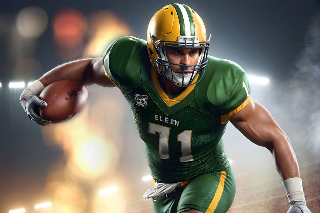 Premium Textil-Leinwand American-Football-Spieler sprintet mit dem Ball