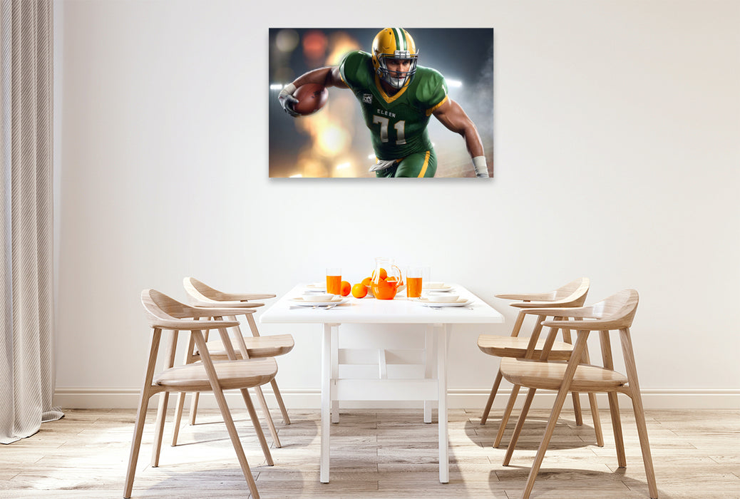 Premium Textil-Leinwand American-Football-Spieler sprintet mit dem Ball