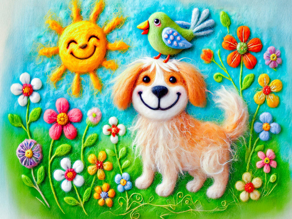 Frühlingsfreude mit Hund und Vogel in Filztechnik - CALVENDO Foto-Puzzle'