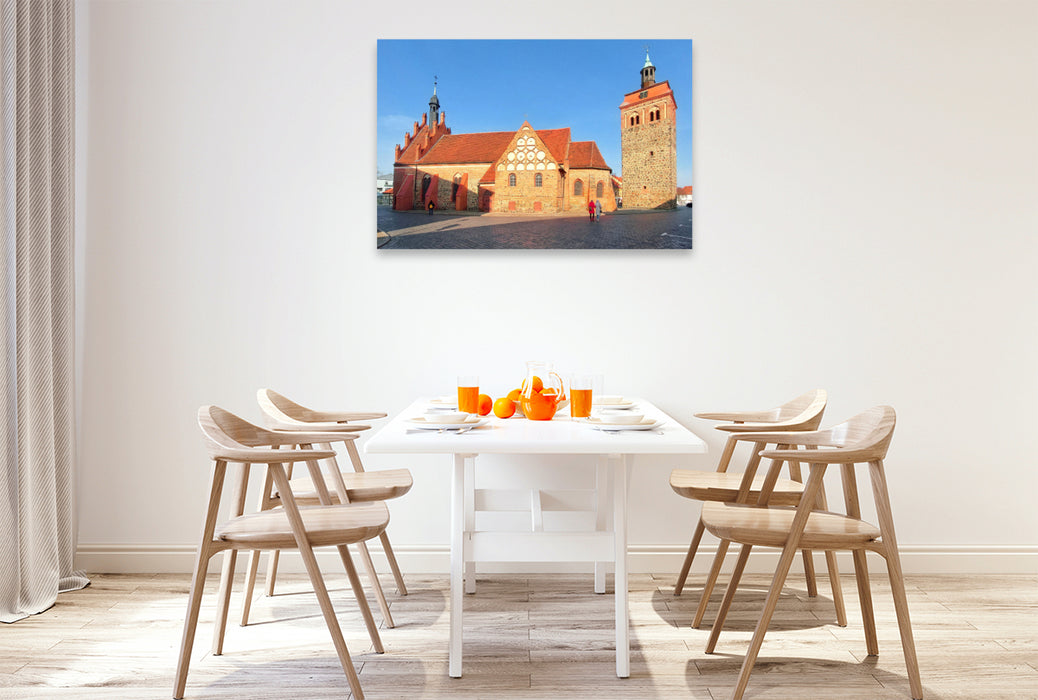 Premium Textil-Leinwand St. Johannis mit dem Marktturm in Luckenwalde
