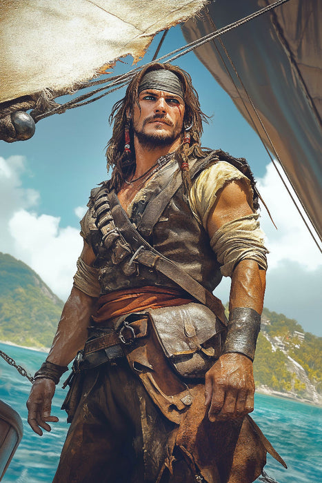 Premium Textil-Leinwand er Kapitän riss das Steuerrad herum – hinter ihnen brach die Hölle los