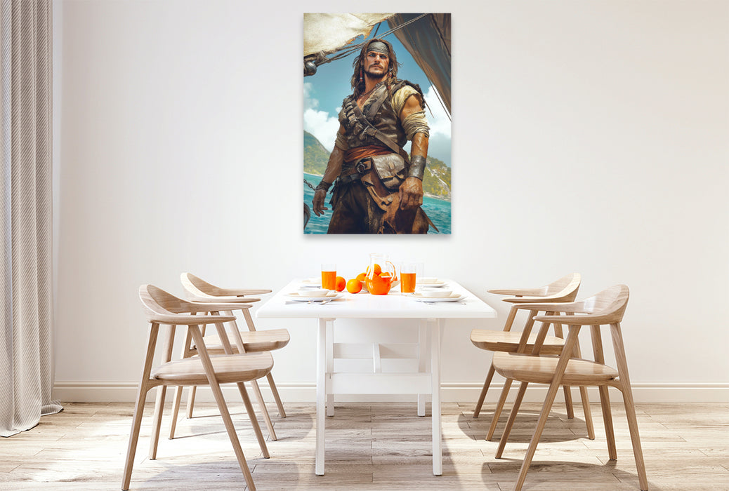 Premium Textil-Leinwand er Kapitän riss das Steuerrad herum – hinter ihnen brach die Hölle los