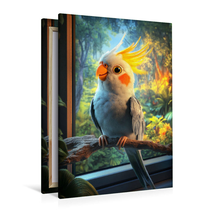 Premium Textil-Leinwand Tanz aufm Ast - Nymphensittich vor Fernseher
