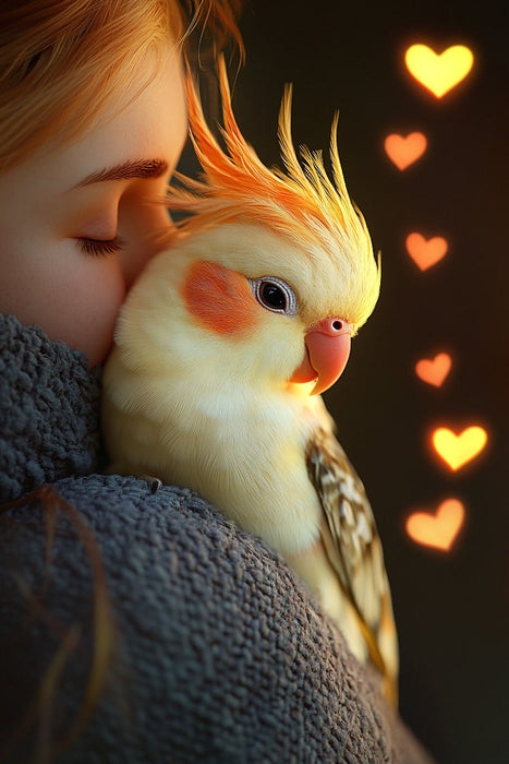 Premium Textil-Leinwand Laut, aber lieb - Nymphensittich kuschelt