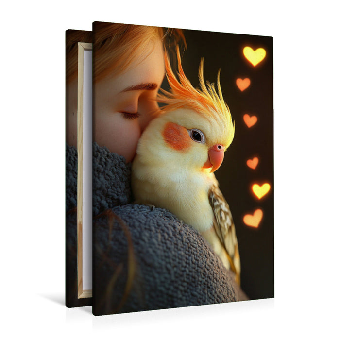 Premium Textil-Leinwand Laut, aber lieb - Nymphensittich kuschelt