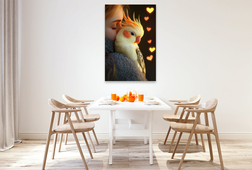 Premium Textil-Leinwand Laut, aber lieb - Nymphensittich kuschelt