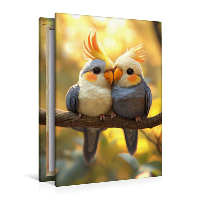 Premium Textil-Leinwand Flatterndes Chaos - Nymphensittiche