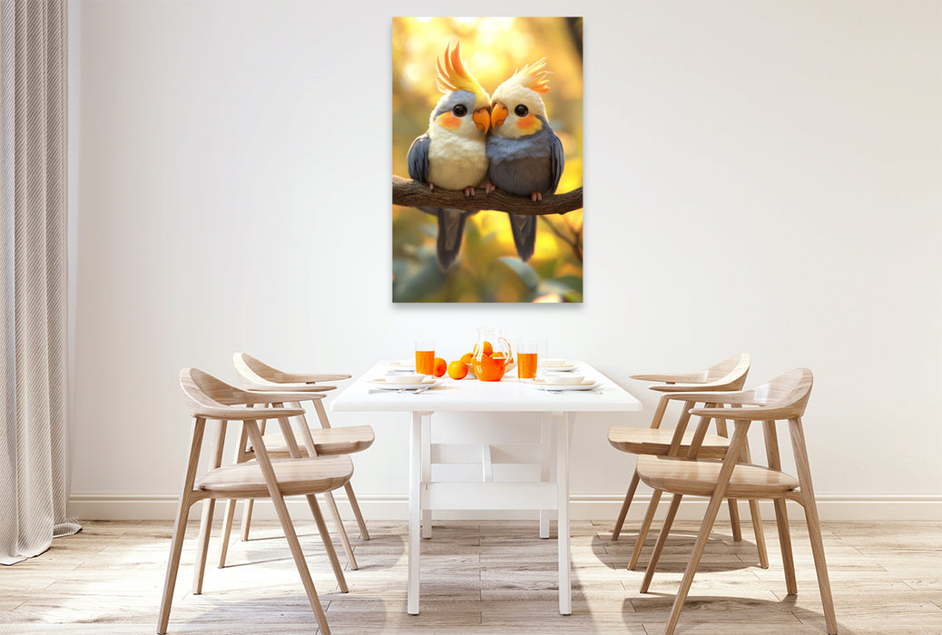 Premium Textil-Leinwand Flatterndes Chaos - Nymphensittiche