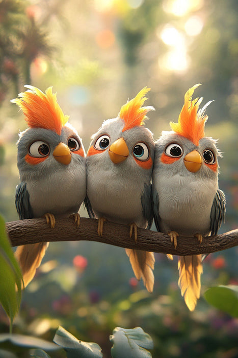 Premium Textil-Leinwand Pfiffikus am Werk - Nymphensittiche auf einem Ast