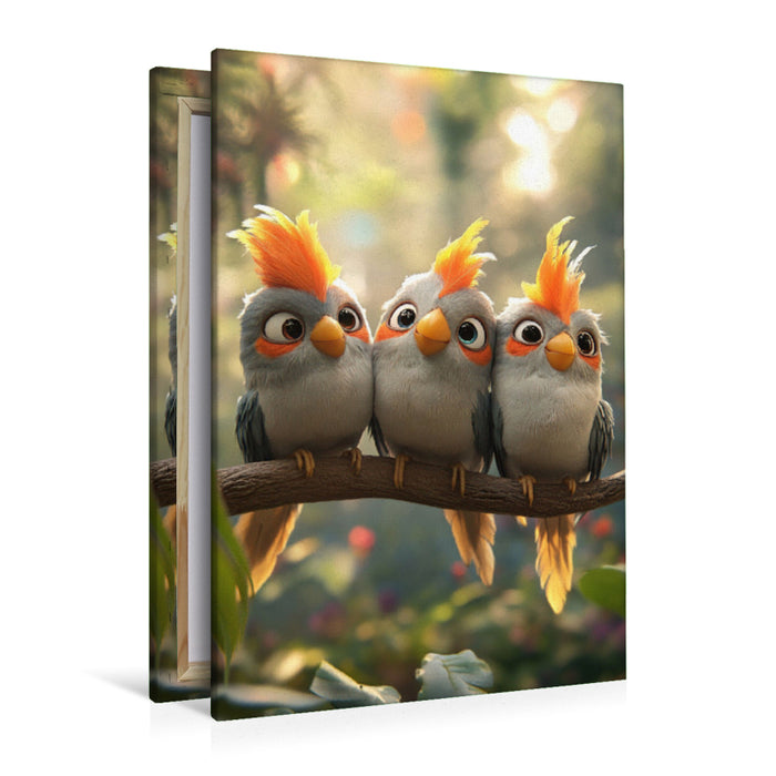 Premium Textil-Leinwand Pfiffikus am Werk - Nymphensittiche auf einem Ast