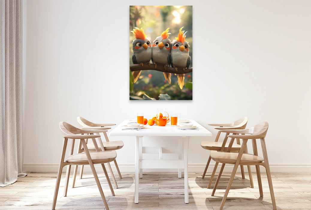 Premium Textil-Leinwand Pfiffikus am Werk - Nymphensittiche auf einem Ast