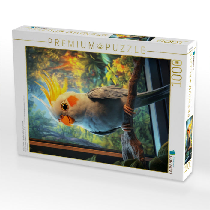 Tanz aufm Ast - Nymphensittich vor Fernseher - CALVENDO Foto-Puzzle'