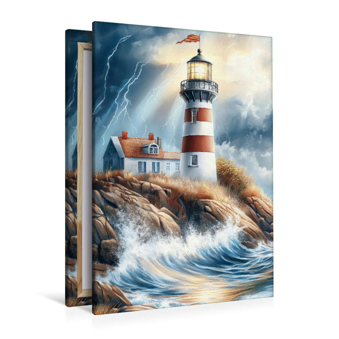 Premium Textil-Leinwand Ein Leuchtturm mit Wärterhäuschen wacht über die raue Steilküste