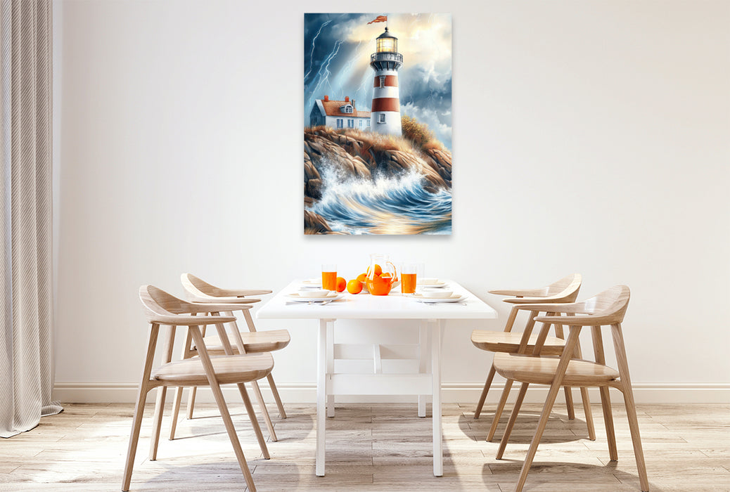 Premium Textil-Leinwand Ein Leuchtturm mit Wärterhäuschen wacht über die raue Steilküste