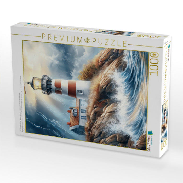 Ein Leuchtturm mit Wärterhäuschen wacht über die raue Steilküste - CALVENDO Foto-Puzzle'