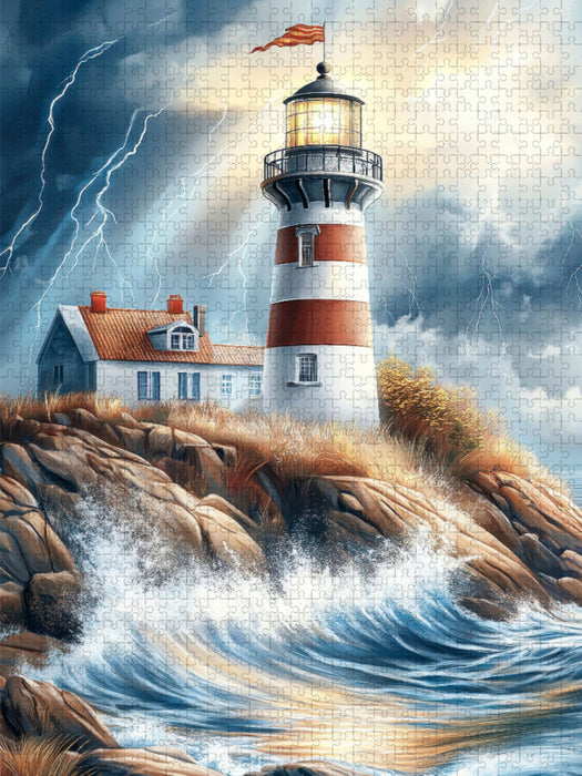 Ein Leuchtturm mit Wärterhäuschen wacht über die raue Steilküste - CALVENDO Foto-Puzzle'