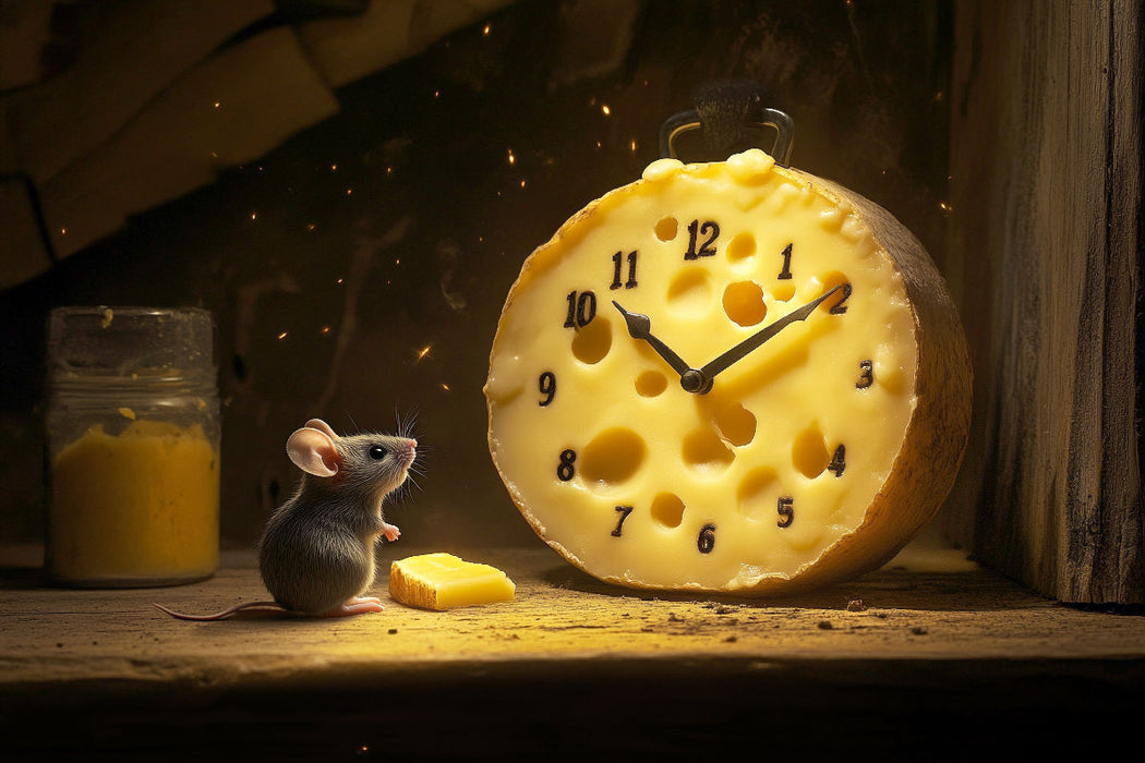 Premium Textil-Leinwand Käseclock - Maus und Käse