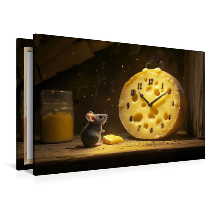 Premium Textil-Leinwand Käseclock - Maus und Käse