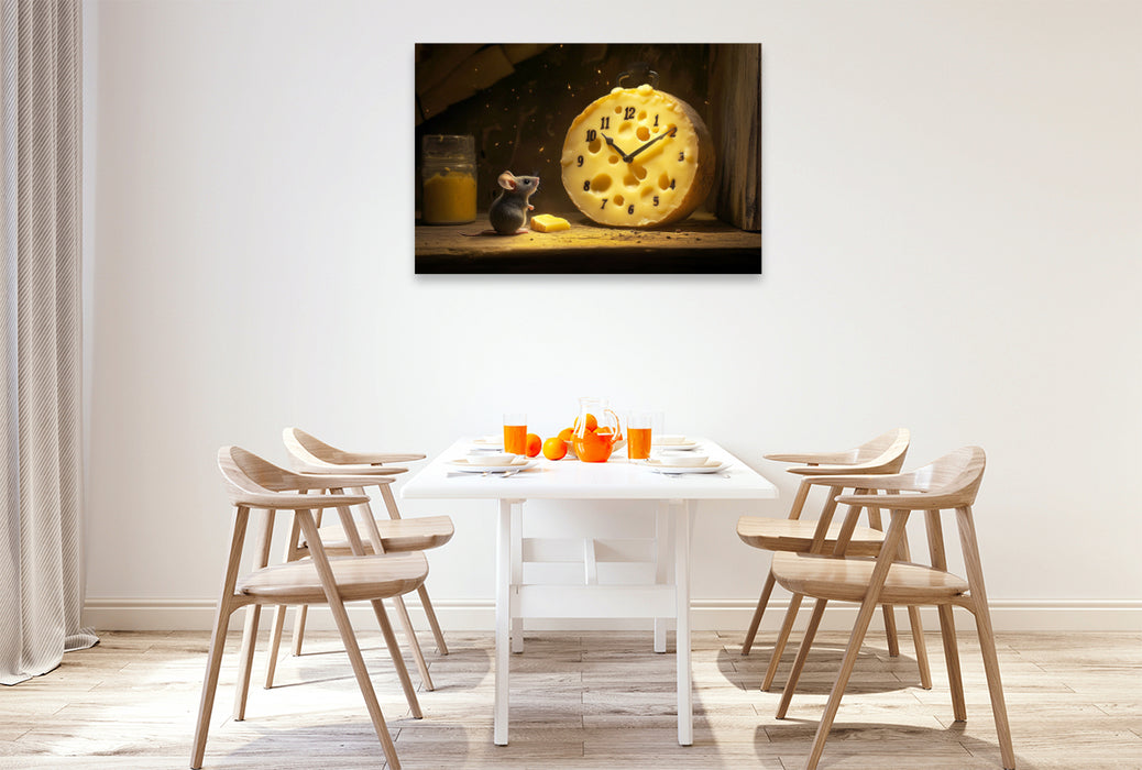 Premium Textil-Leinwand Käseclock - Maus und Käse