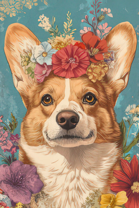 Premium Textil-Leinwand Blütenzauber mit Corgi-Charme