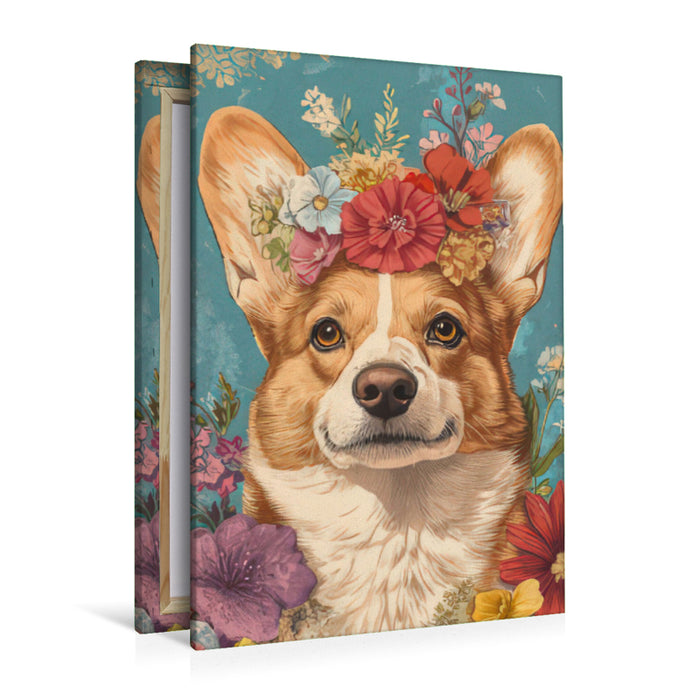Premium Textil-Leinwand Blütenzauber mit Corgi-Charme