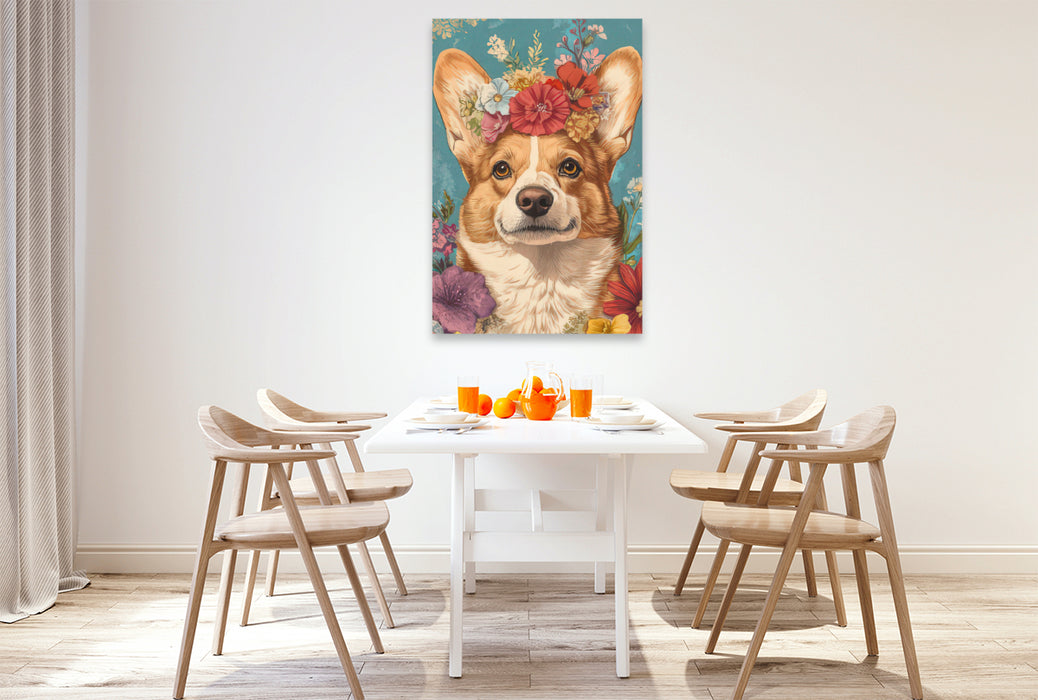 Premium Textil-Leinwand Blütenzauber mit Corgi-Charme