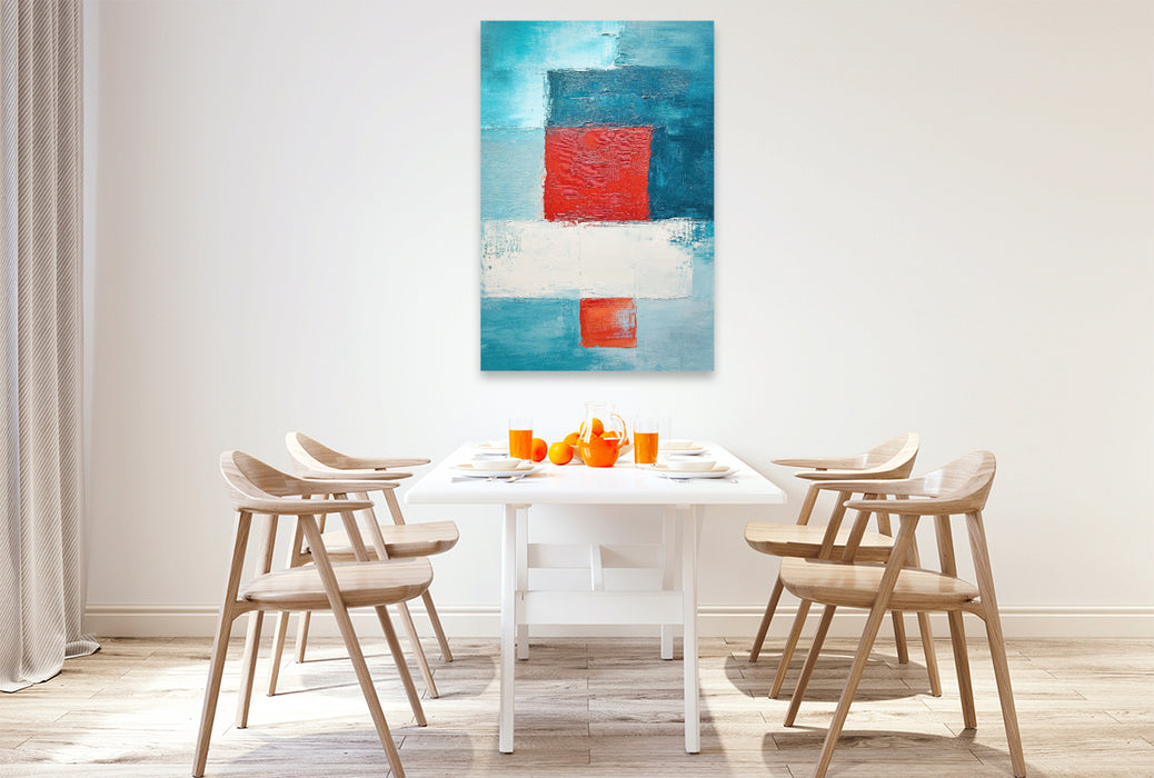 Premium Textil-Leinwand Abstraktes Bild mit weißer, roter und blauer Farbe