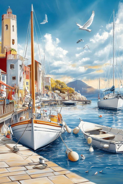 Premium Textil-Leinwand Mit dem Segleschiff ankern vor solch einer Kulisse