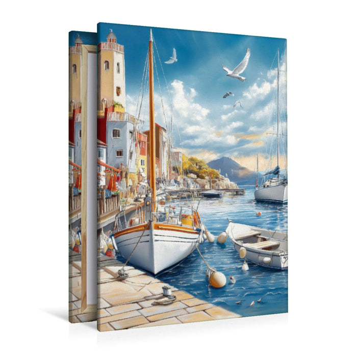 Premium Textil-Leinwand Mit dem Segleschiff ankern vor solch einer Kulisse