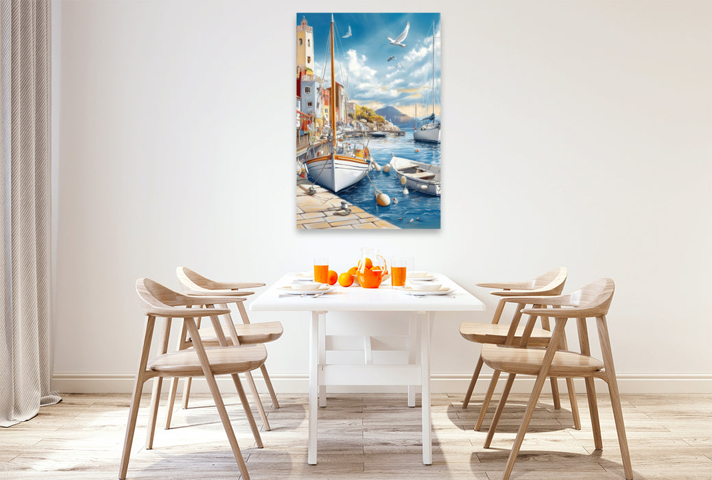 Premium Textil-Leinwand Mit dem Segleschiff ankern vor solch einer Kulisse