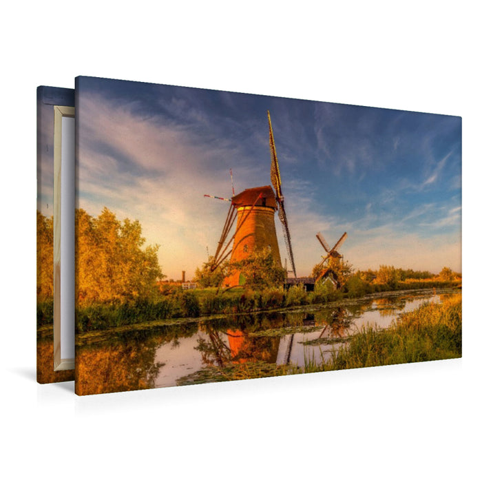 Premium Textil-Leinwand Windmühlen von Kinderdijk in der Abenddämmerung
