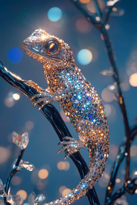 Premium Textil-Leinwand Pures Licht in Bewegung - Echse in Diamanten