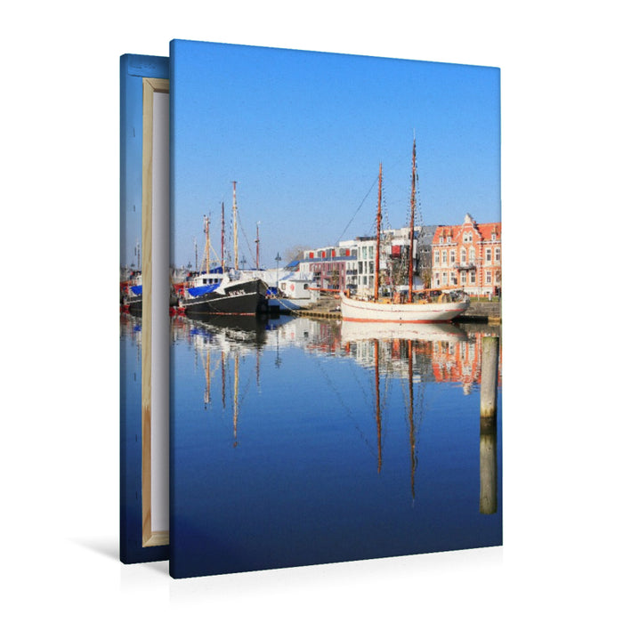 Premium Textil-Leinwand Greifswald - Boote im Museumshafen an der Ryck