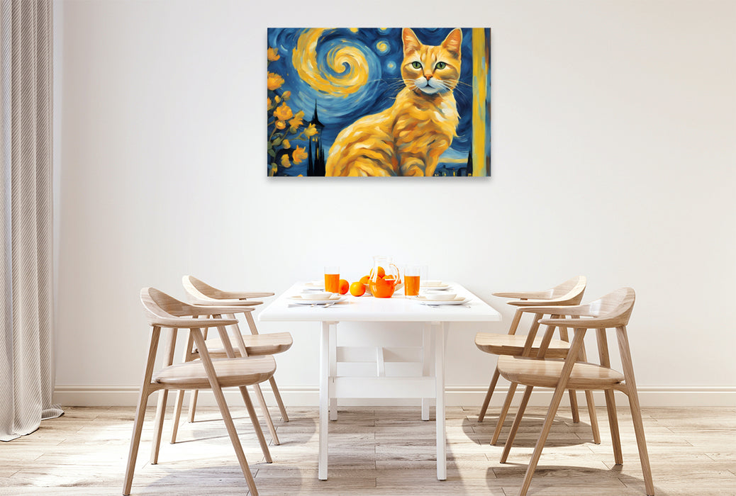 Premium Textil-Leinwand Gelbe Katze gemalt nach van Gogh