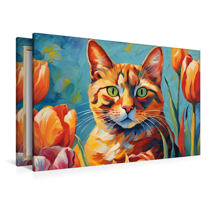 Premium Textil-Leinwand Katze gemalt nach van Gogh mit Tulpen