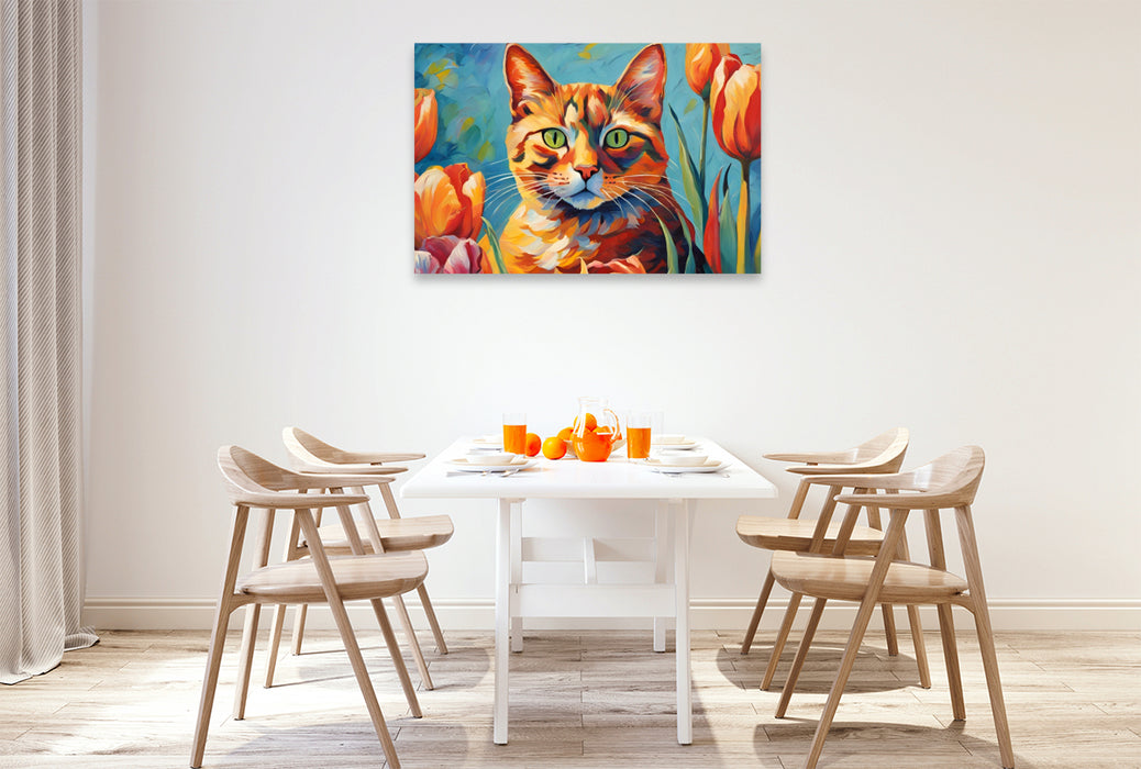 Premium Textil-Leinwand Katze gemalt nach van Gogh mit Tulpen