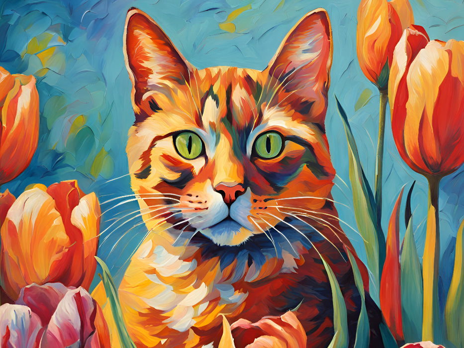 Katze gemalt nach van Gogh mit Tulpen - CALVENDO Foto-Puzzle'