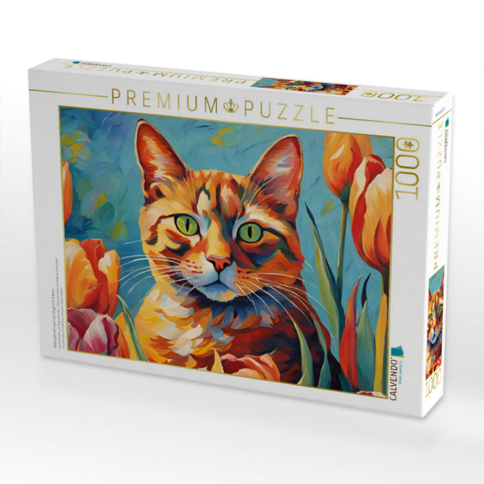 Katze gemalt nach van Gogh mit Tulpen - CALVENDO Foto-Puzzle'