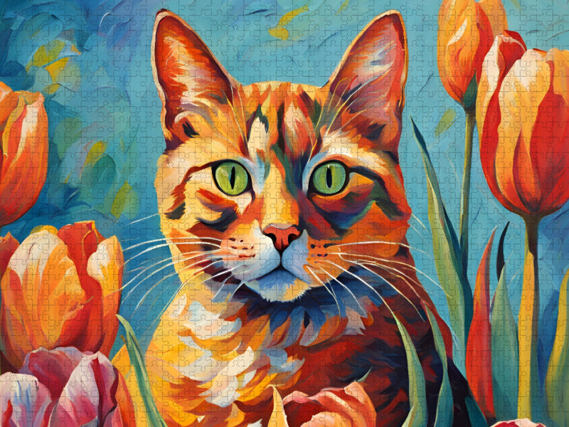 Katze gemalt nach van Gogh mit Tulpen - CALVENDO Foto-Puzzle'