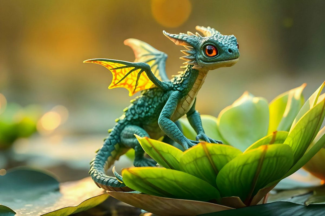 Premium Textil-Leinwand Mystische Schönheit in HD – Der Grüne Drache auf dem Seerosenblatt