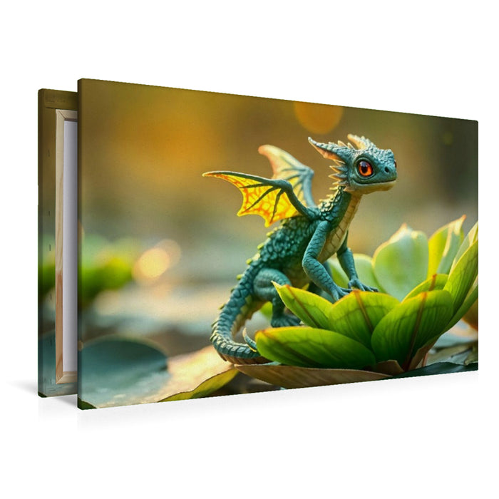 Premium Textil-Leinwand Mystische Schönheit in HD – Der Grüne Drache auf dem Seerosenblatt