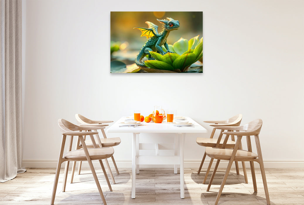 Premium Textil-Leinwand Mystische Schönheit in HD – Der Grüne Drache auf dem Seerosenblatt