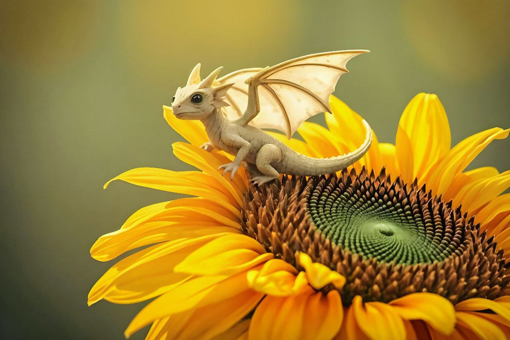 Premium Textil-Leinwand Faszinierende Eleganz in HD – Der Gelbe Drache auf der Sonnenblume