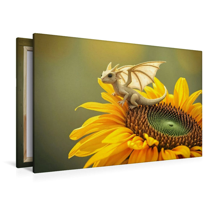 Premium Textil-Leinwand Faszinierende Eleganz in HD – Der Gelbe Drache auf der Sonnenblume