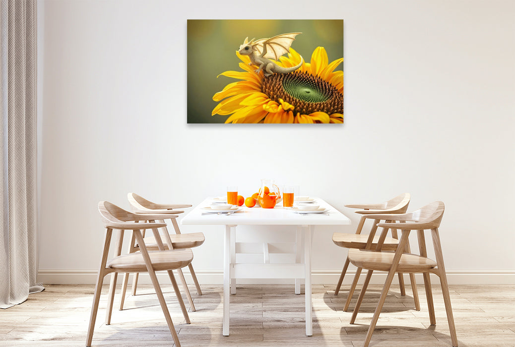 Premium Textil-Leinwand Faszinierende Eleganz in HD – Der Gelbe Drache auf der Sonnenblume