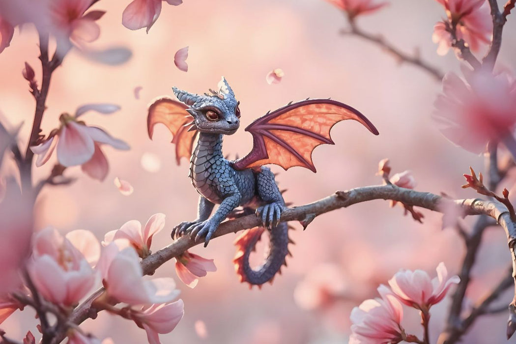 Premium Textil-Leinwand Majestätische Fantasie in HD – Der Rosa Drache auf Kirschblütenzweig