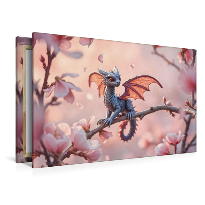 Premium Textil-Leinwand Majestätische Fantasie in HD – Der Rosa Drache auf Kirschblütenzweig