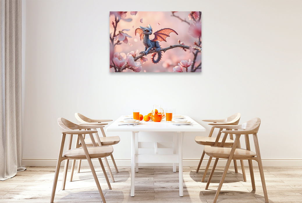 Premium Textil-Leinwand Majestätische Fantasie in HD – Der Rosa Drache auf Kirschblütenzweig