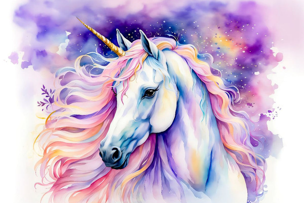 Premium Textil-Leinwand Einhorn mit funkelnder Mähne in der Nacht