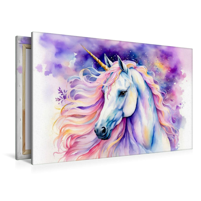 Premium Textil-Leinwand Einhorn mit funkelnder Mähne in der Nacht